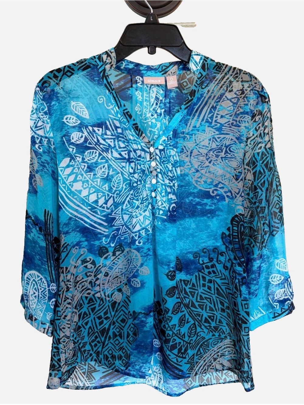 Chico’s Size 0 S Blue Abstract Print Blouse 3/4 Sleeve Sheer Lightweight